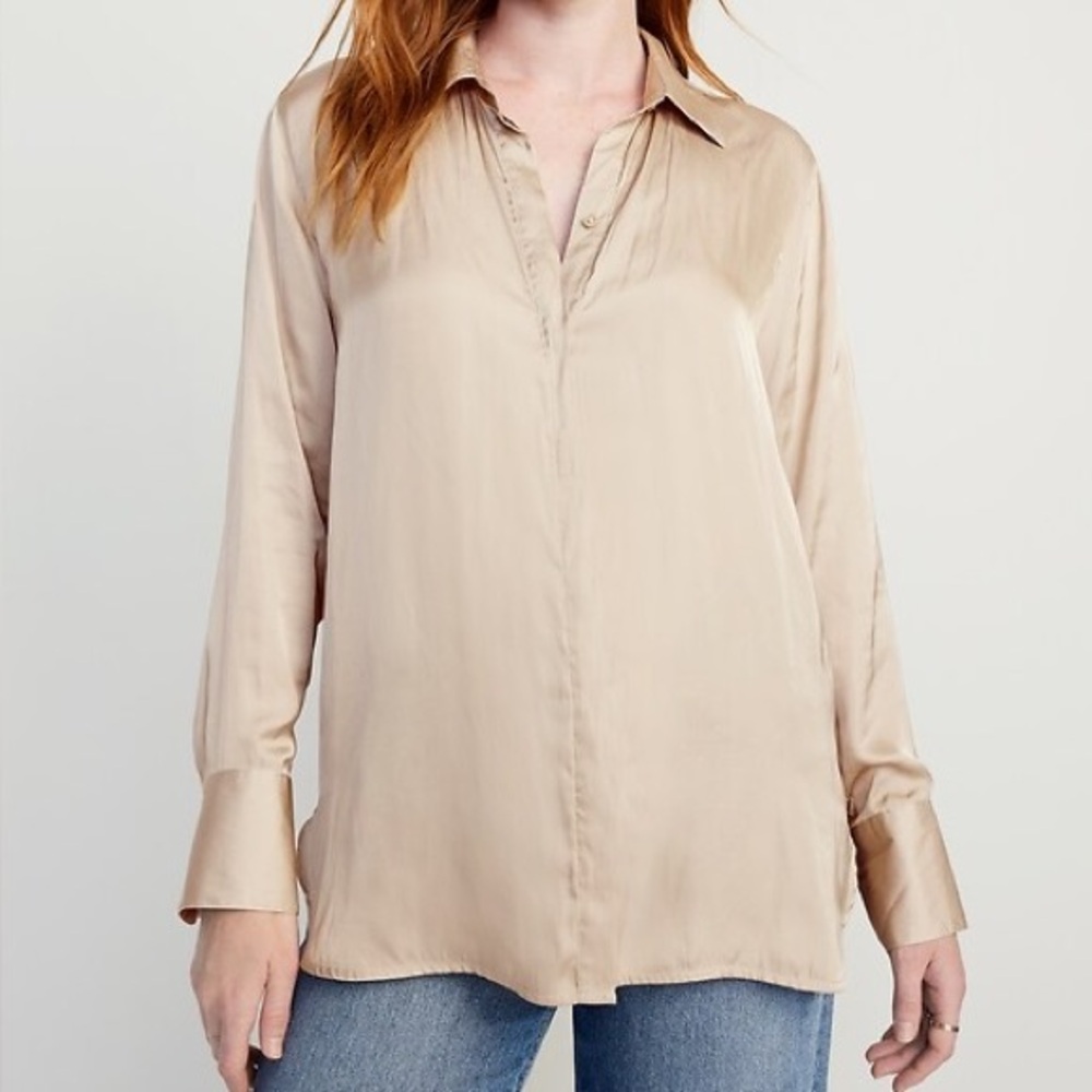 Old Navy (XL) Tan Silk Look Satin Button Up Blouse- Flowy, Relaxed Fit